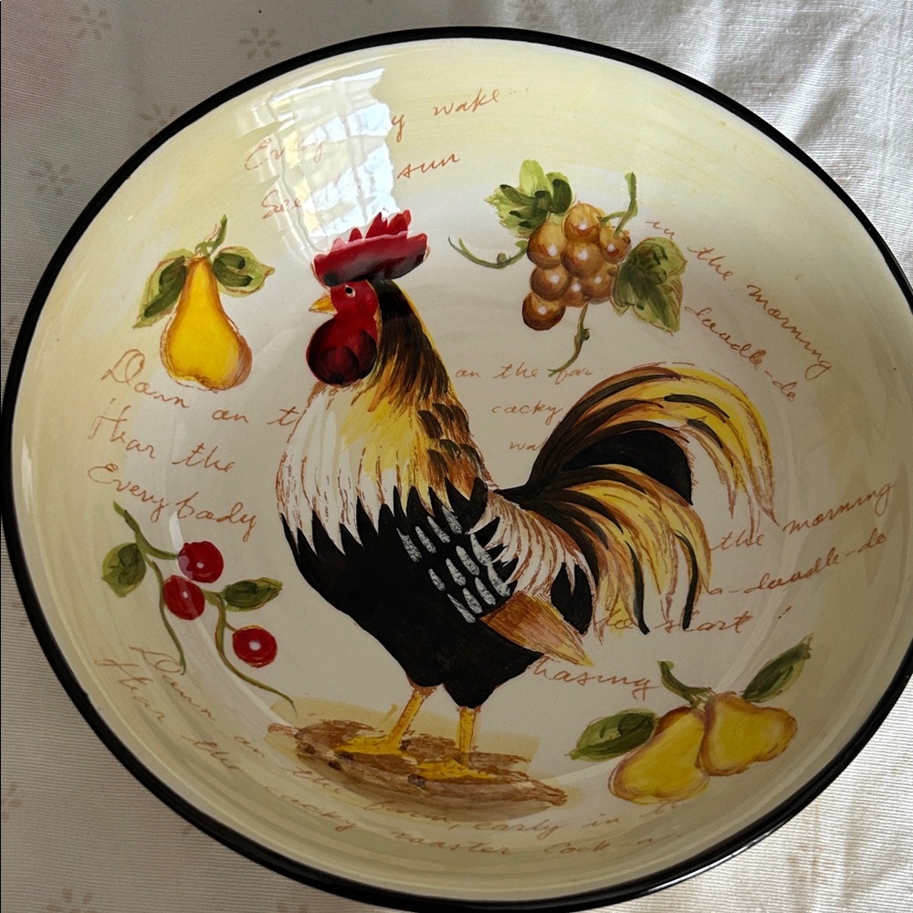Hand-Painted Rooster Ceramic Serving Bowl in Cream, Black & Yellow